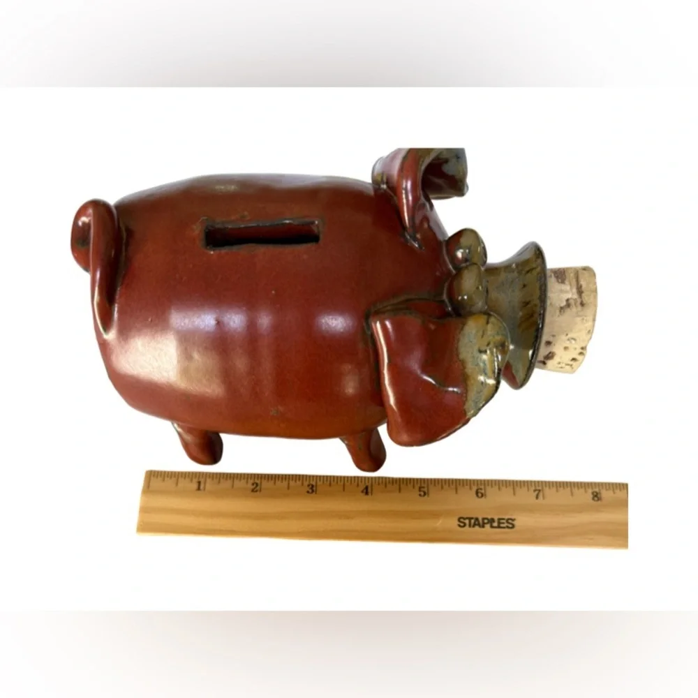 Vintage Artisan Pottery Rustic Brown Piggy Bank with Cork Stopper